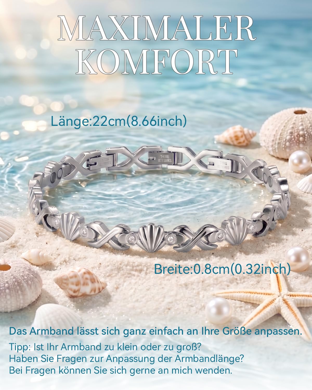RainSo Bracelet magnétique pour femme - En acier inoxydable argenté - Motif coquillage incrusté de diamants - Aimant puissant de 3800 Gauss - Taille réglable - Boîte cadeau