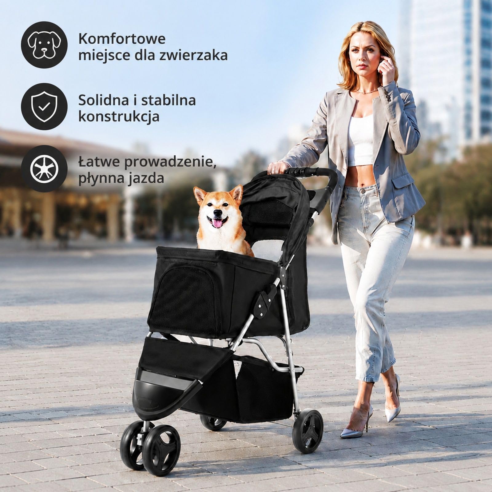 Składany wózek dla psa i zwierząt domowych do 16 kg, wózek spacerowy dla pupila na spacery i podróże