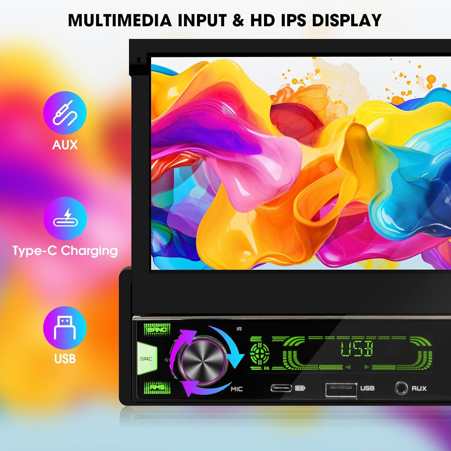 Multimedia input options including AUX, Type-C charging, and USB on the aboutBit stereo