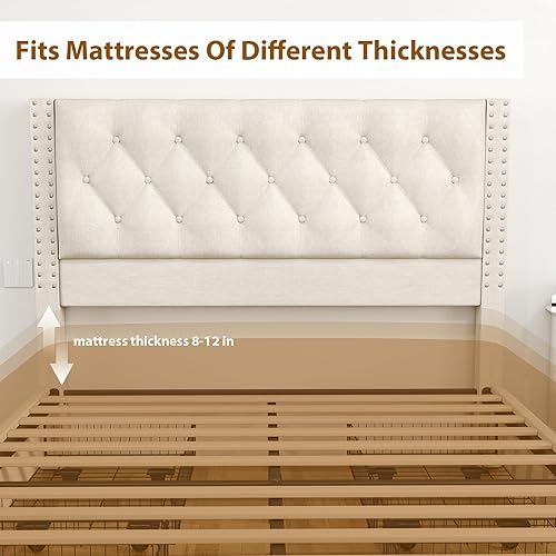 Miniatura 4 de Base de cama tamaño Queen con cabecera tapizada, 4 cajones de almacenamiento, estructura de metal resistente, no necesita somier, fácil montaje