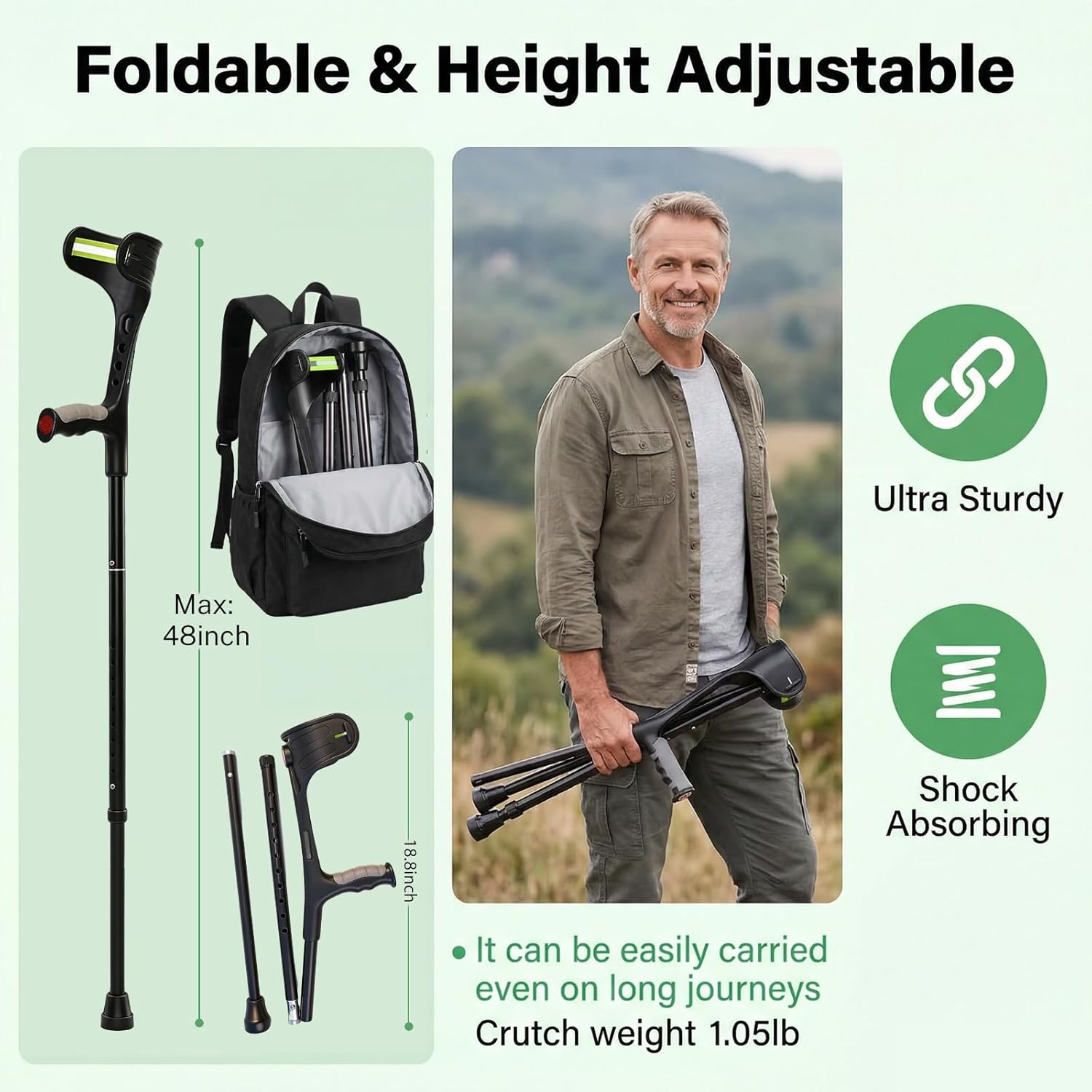 Forearm Crutches for Adults (A Pair), 10-Level Adjustable Lightweight Aluminum Arm Crutches Forearm for Adults, 300 lb Capacity Foldable Crutches for Adults with Anti-Drop Cuff & Reflective