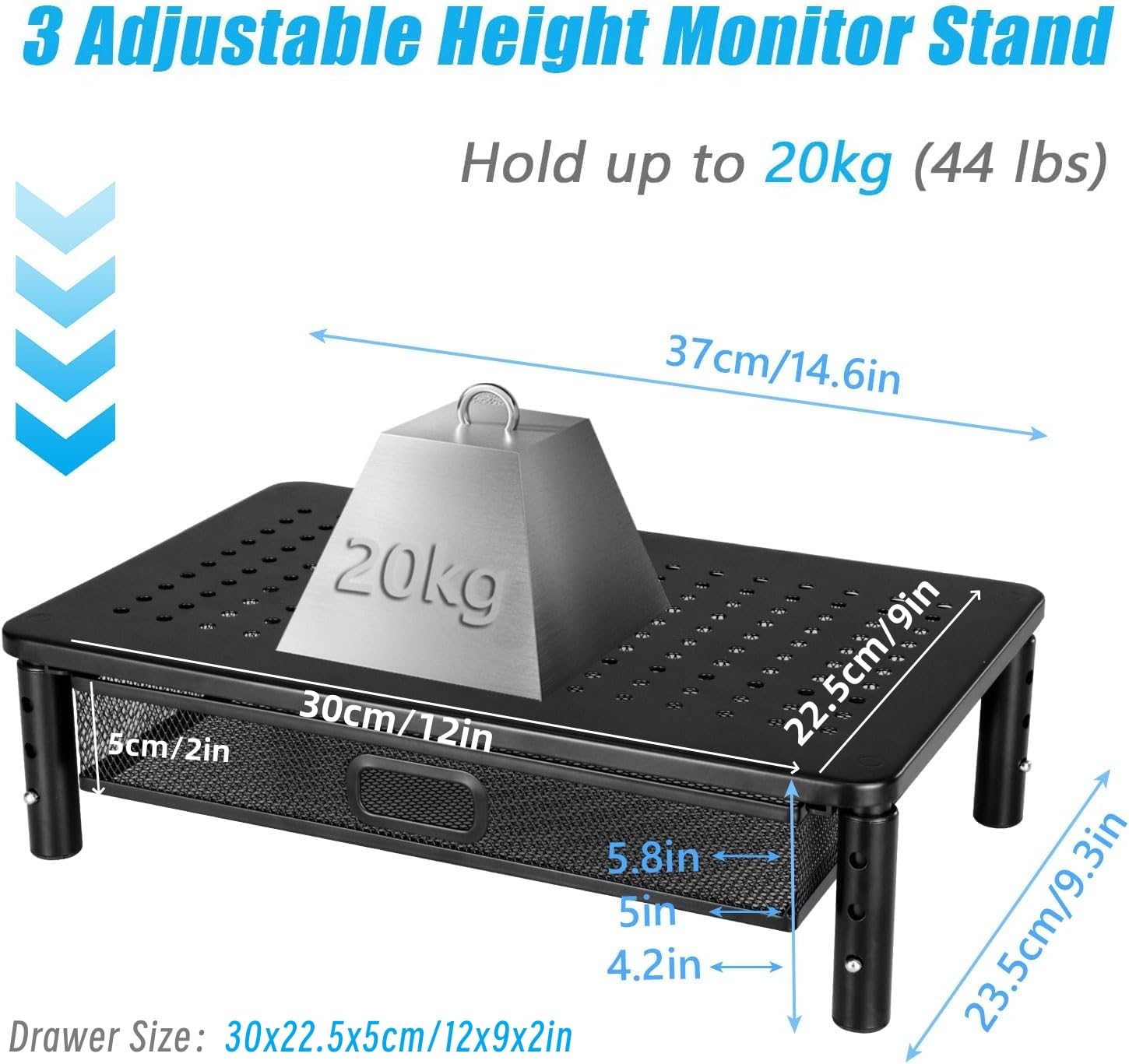 Rehausseur Ecran PC Bureau 3 Hauteurs Réglables avec Tiroir pour Moniteur | Multifonctionnel Support Moniteur, Pour Moniteur PC, Pour Ordinateur Portable