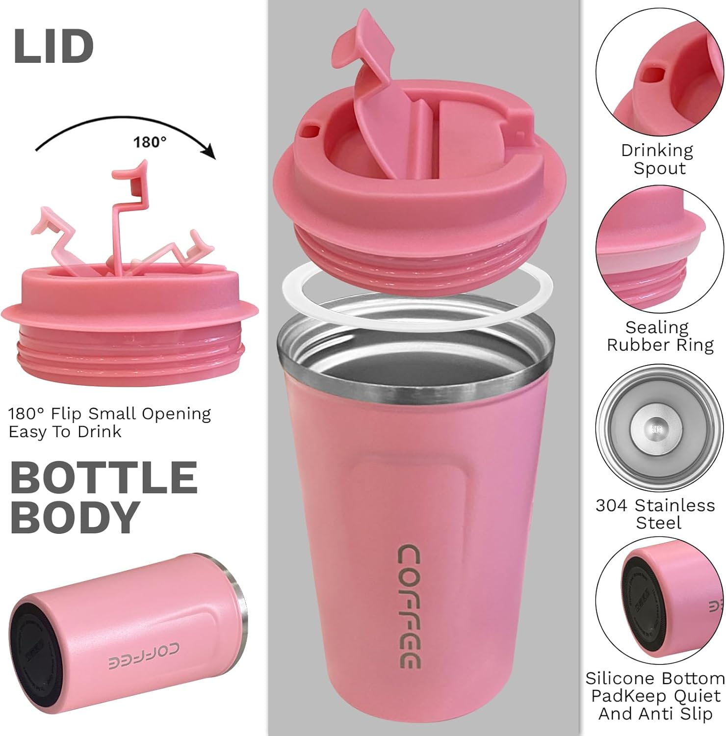 YINBAOGE Insulated Travel Coffee Mug, Spill & Leak Proof, Portable To Go Camping Stainless Steel Coffee Tumbler, Reusable Thermal Coffee Cup with Lid for Hot & Cold Drinks (2nd-Pink, 12 OZ) - Image 2