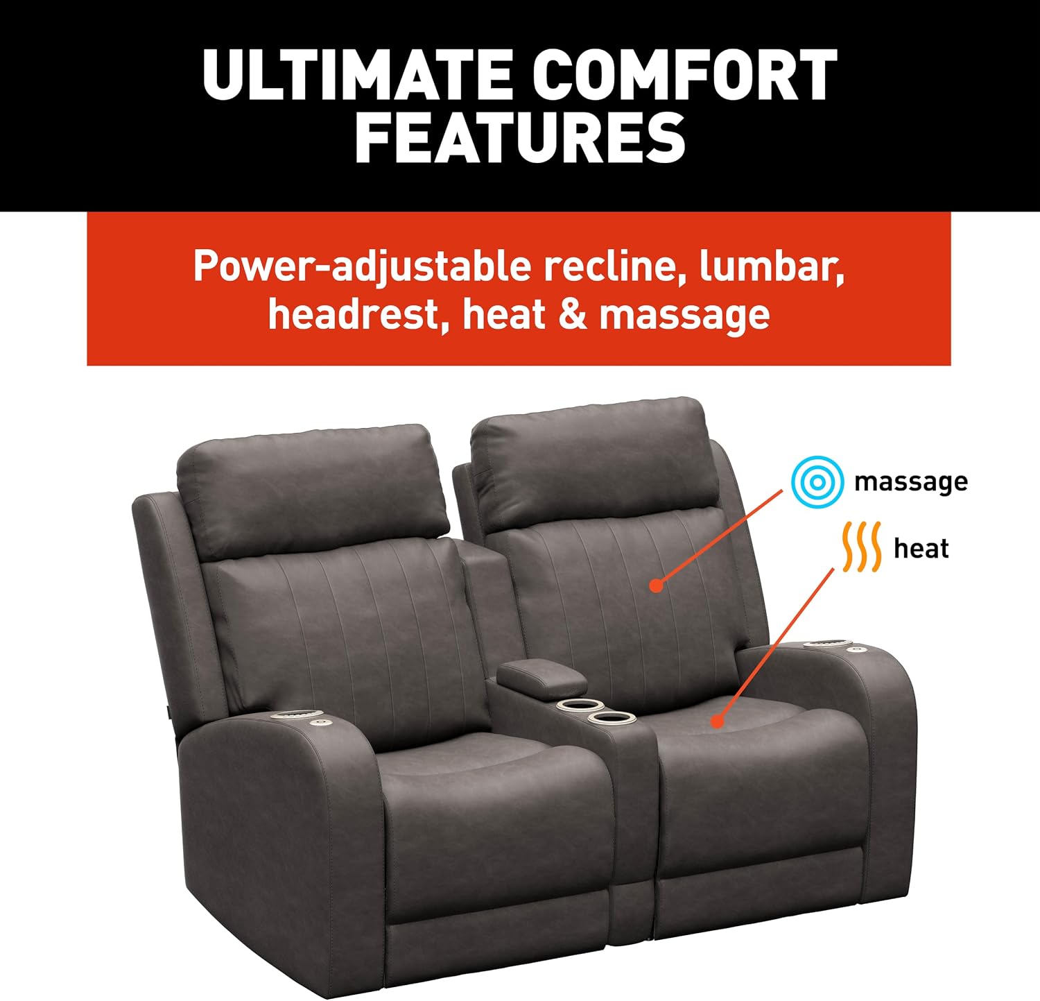 Thomas Payne Signature Seismic Series McCoy RV Theater Seating Recliner Set with 5" Center Console, Power Lumbar, Headrest, Recline, Heat, Massage, Cupholder Controls - 2024117127