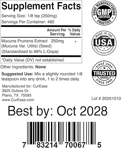 Miniatura 5 de l-dopa Polvo - 99% extracto de mucosa pruriens - Frijol de terciopelo natural - 2.4 onzas - 240 porciones