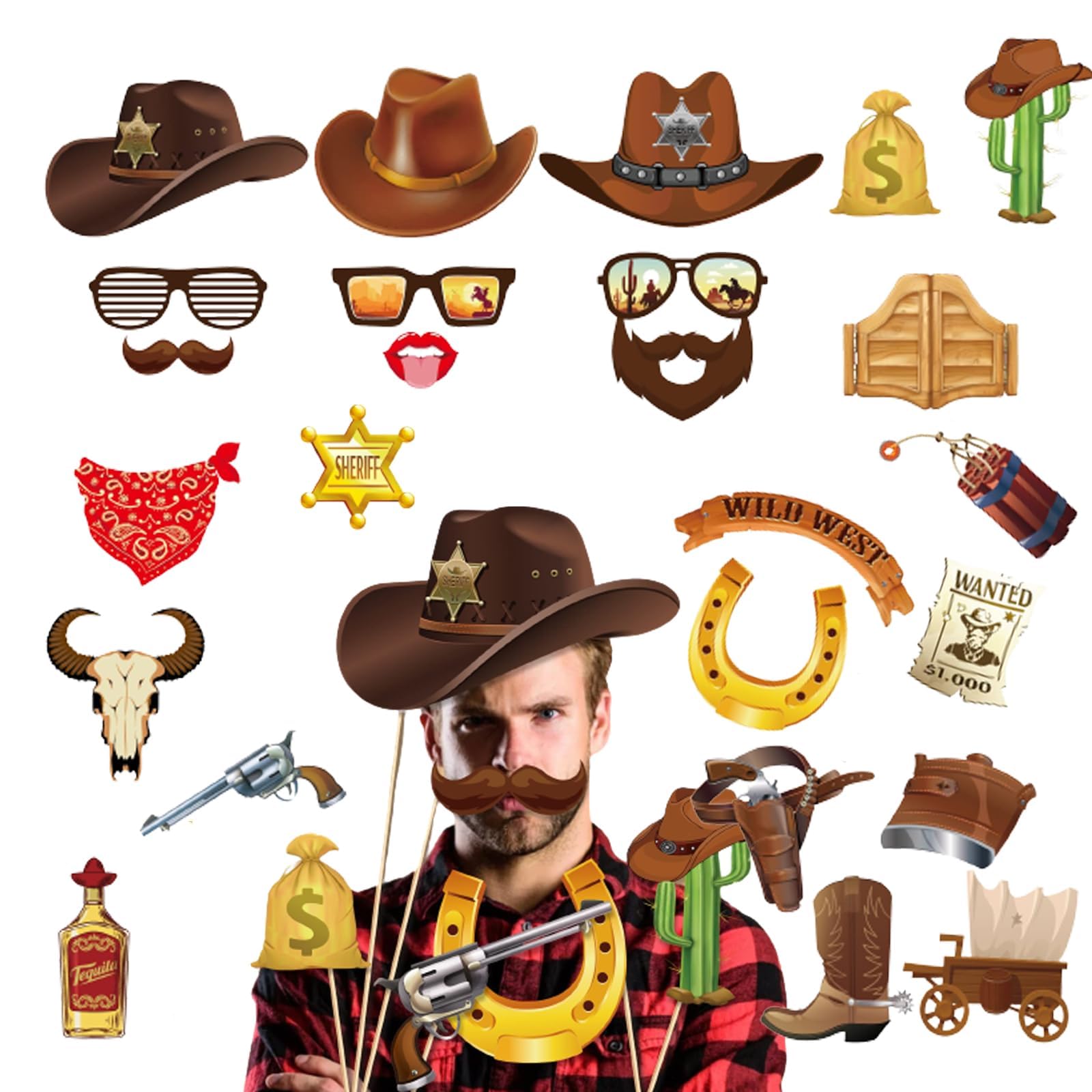 Kit De 19 Accessoires De Photomaton De Cowboy Occidental