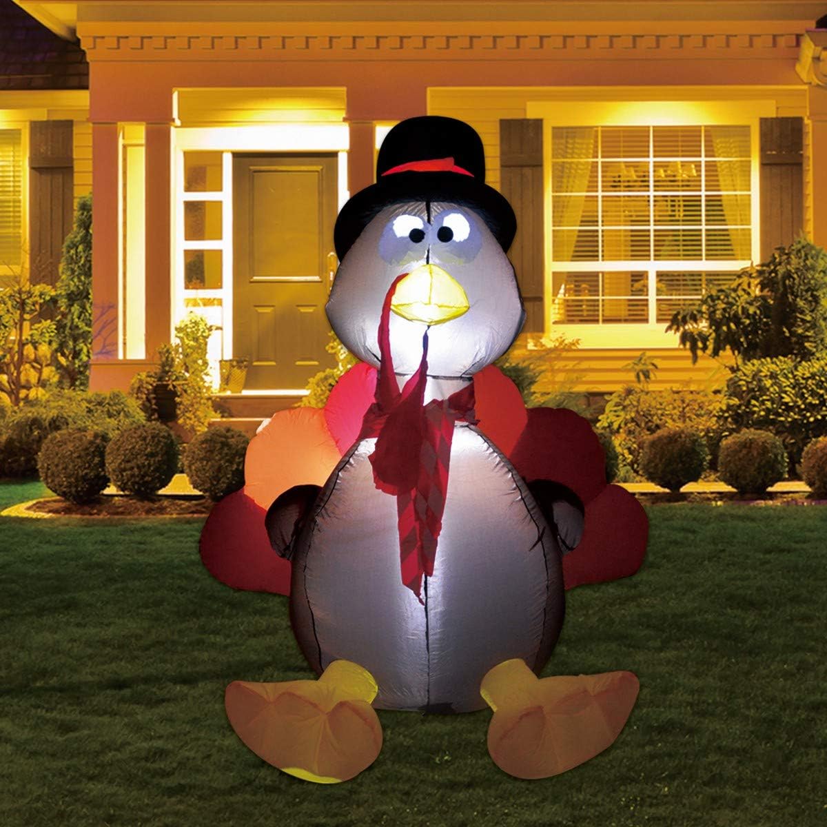 GOOSH 6 FT Thanksgiving Inflatables Outdoor Turkey with Pilgrim Hat Blow Up Yard Decoration Clearance with LED Lights Built-in for Halloween Holiday Christmas Party Yard Garden