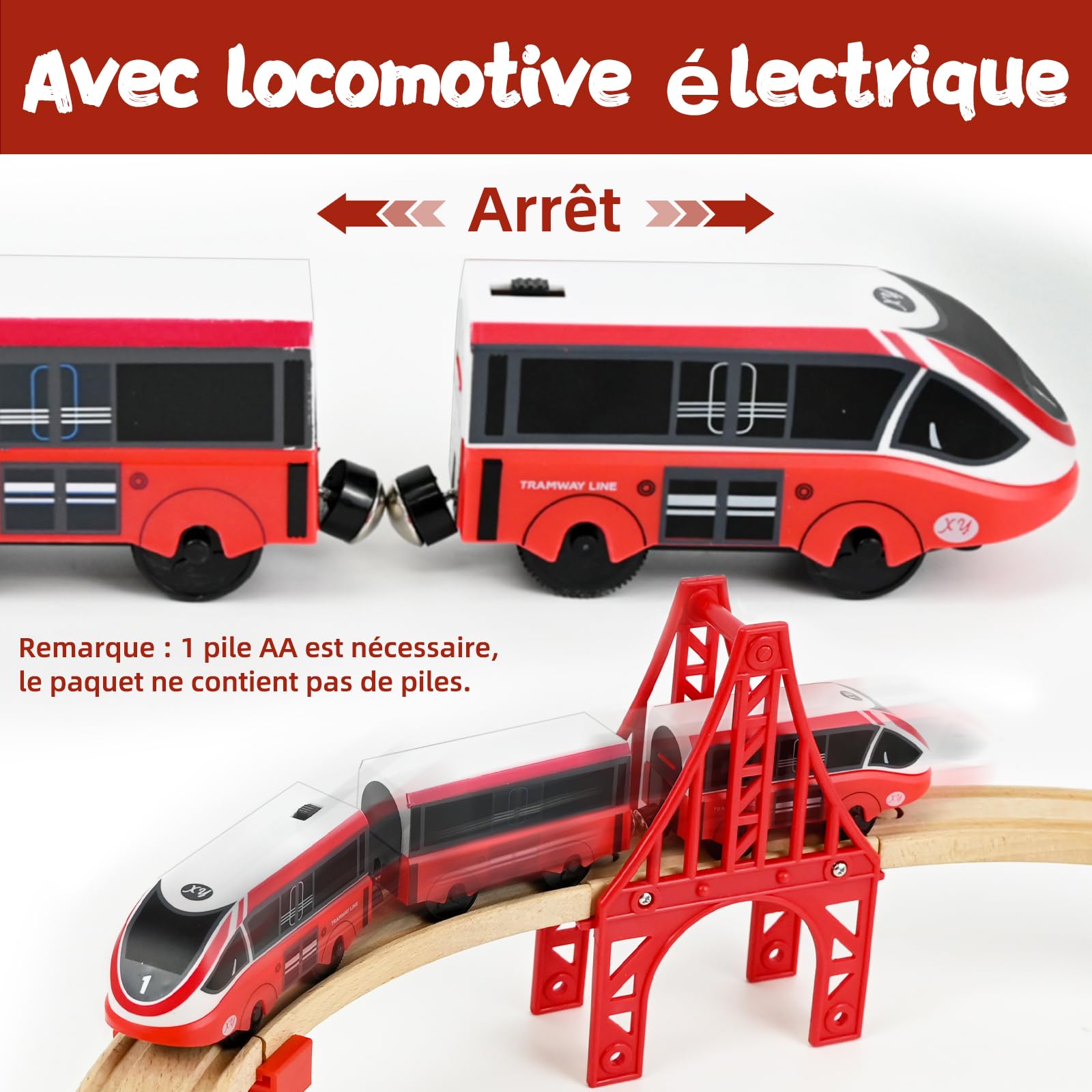Ulikey 58 Pièces Circuit Train en Bois Enfant avec Locomotive Électrique et Camion de Pompier, Jouet Train Cadeaux d'anniversaire et de Noël pour Enfants, Compatible avec Grandes Marques Mainstream