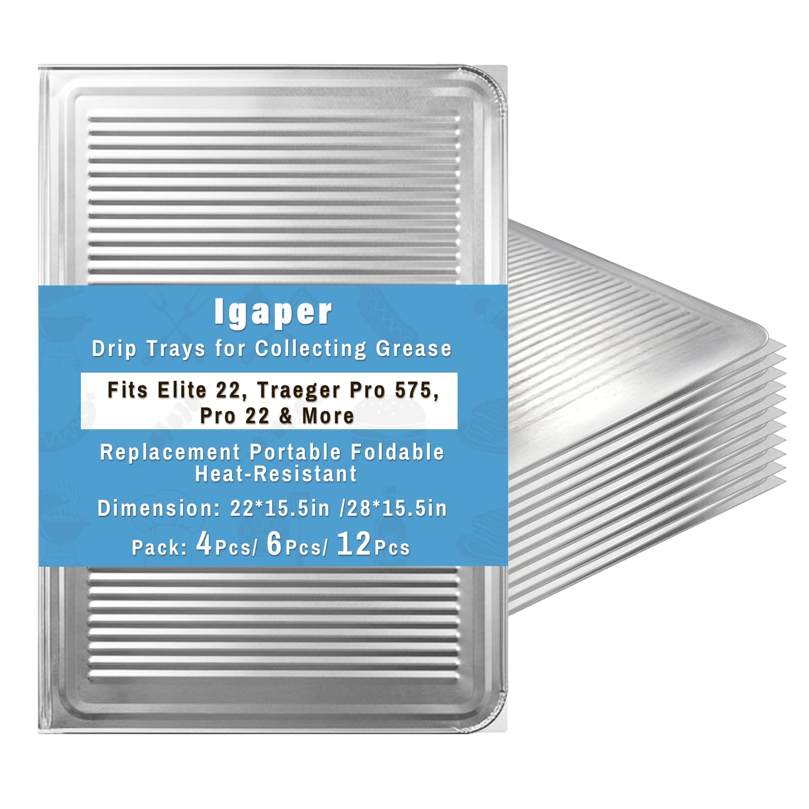 View 1 of [ONE LEFT] [DAMAGED] Igaper 4 Pack Grill Drip Tray Liners for Traeger Pro 575, Pro 22 and Elite 22, Traeger Pro 780, Foldable Aluminum Disposable Drip Trays with Two Size, Grill Accessories (22in / 28in X 15.5in)