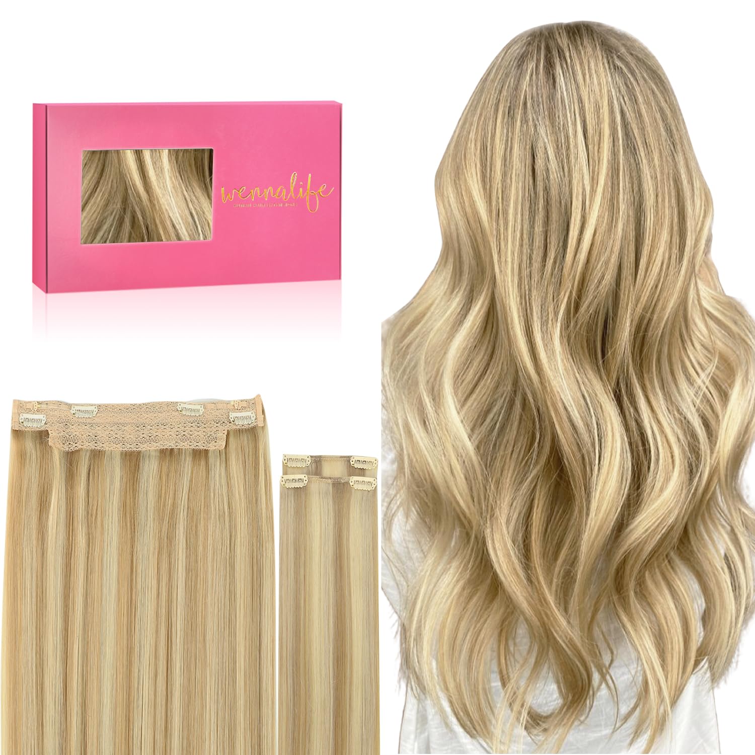 WennalifeSecret Hair Extensions Real Hair 40 cm 16 Inches 125 g Light Blonde Highlights Golden Blonde Flip in Extension Real Hair Extensions Real Hair Extensions with Wire Remy Invisible Hair