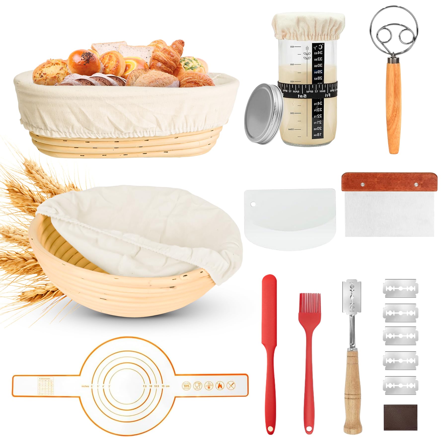 BUCOMTU 10 Stück Sauerteig Starter Set, 23 cm runde und 25 cm ovale Gärkörbchen, 730 ml Gärgläser, Teigbackzubehör für knusprige Krusten, geeignet für Anfänger und erfahrene Bäcker