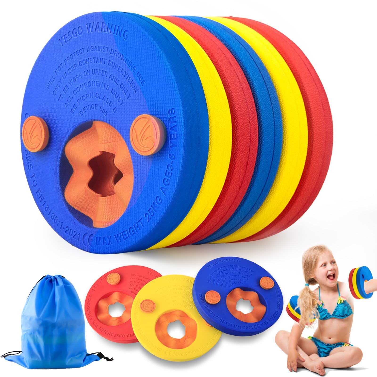 6PCS Manguitos Piscina para Niños, EVA bebé Flotadores de Piscina Espuma, Piscina Discos Flotadores con Bolsa de Almacenamiento Portátil, para Niños de 2-6 años