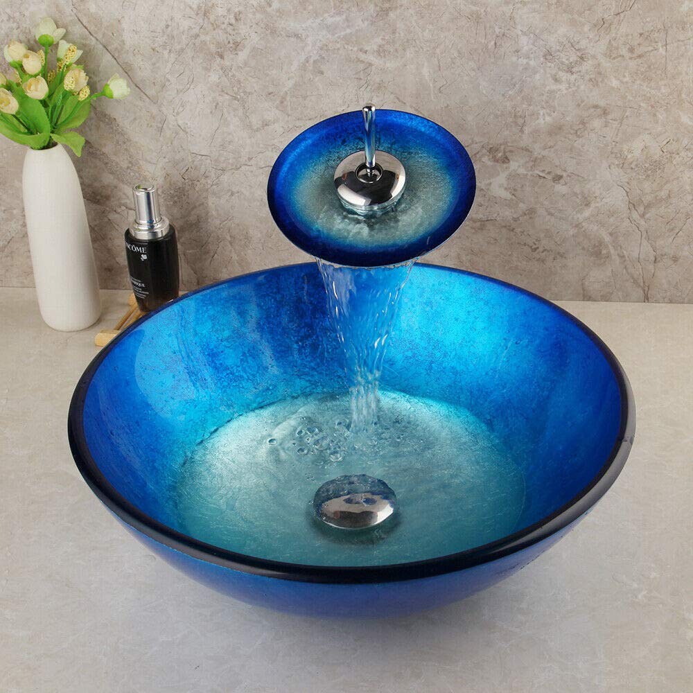 Lavabo rond vasque en verre pour plan de travail avec robinet et bonde