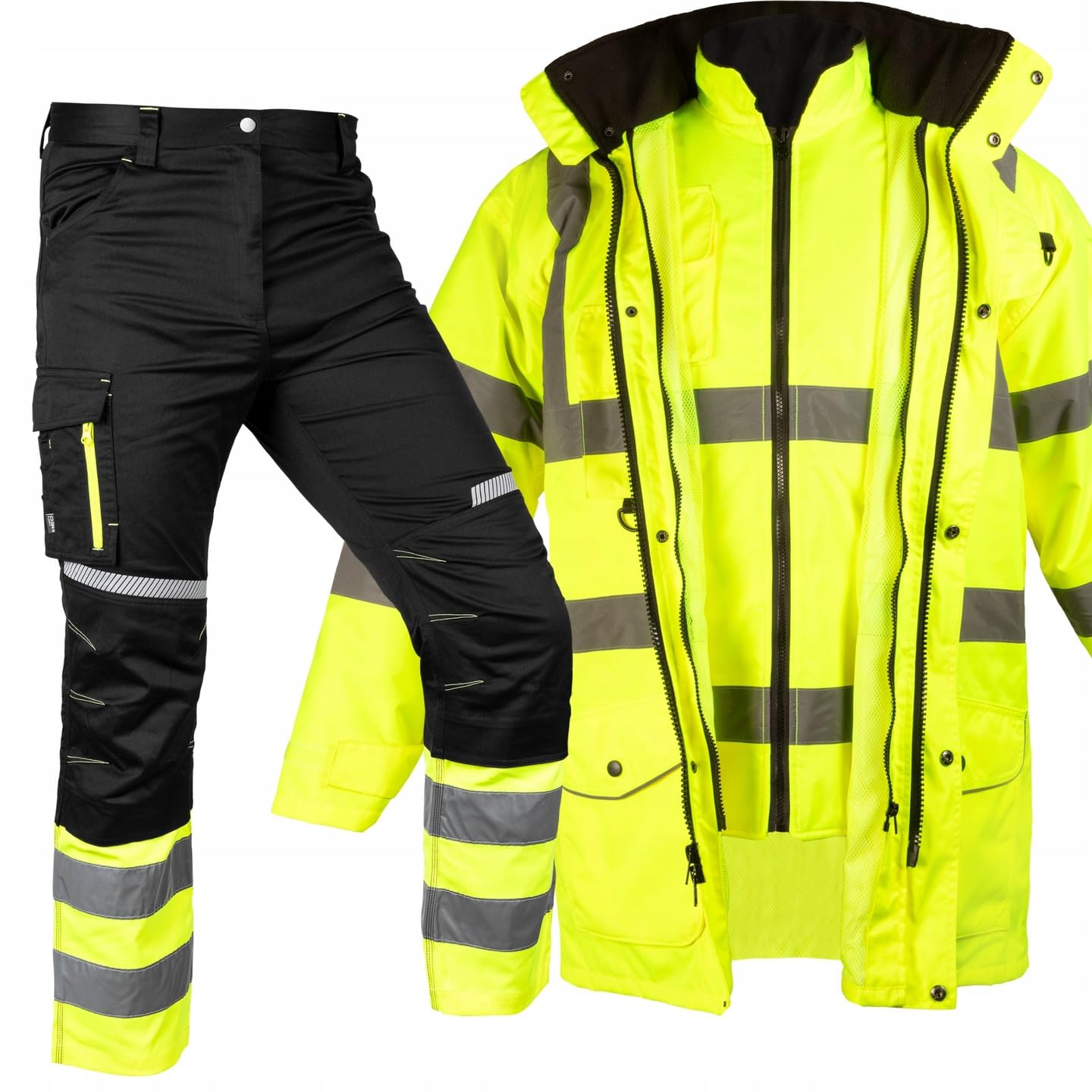 NEO TOOLS Warnschutzhose Schwarz-Gelb – Hohe Sichtbarkeit (Klasse 1) – Robustes Twill-Gewebe, Kniepolstertaschen und Multifunktionstaschen – Für BAU, Straße und Lager