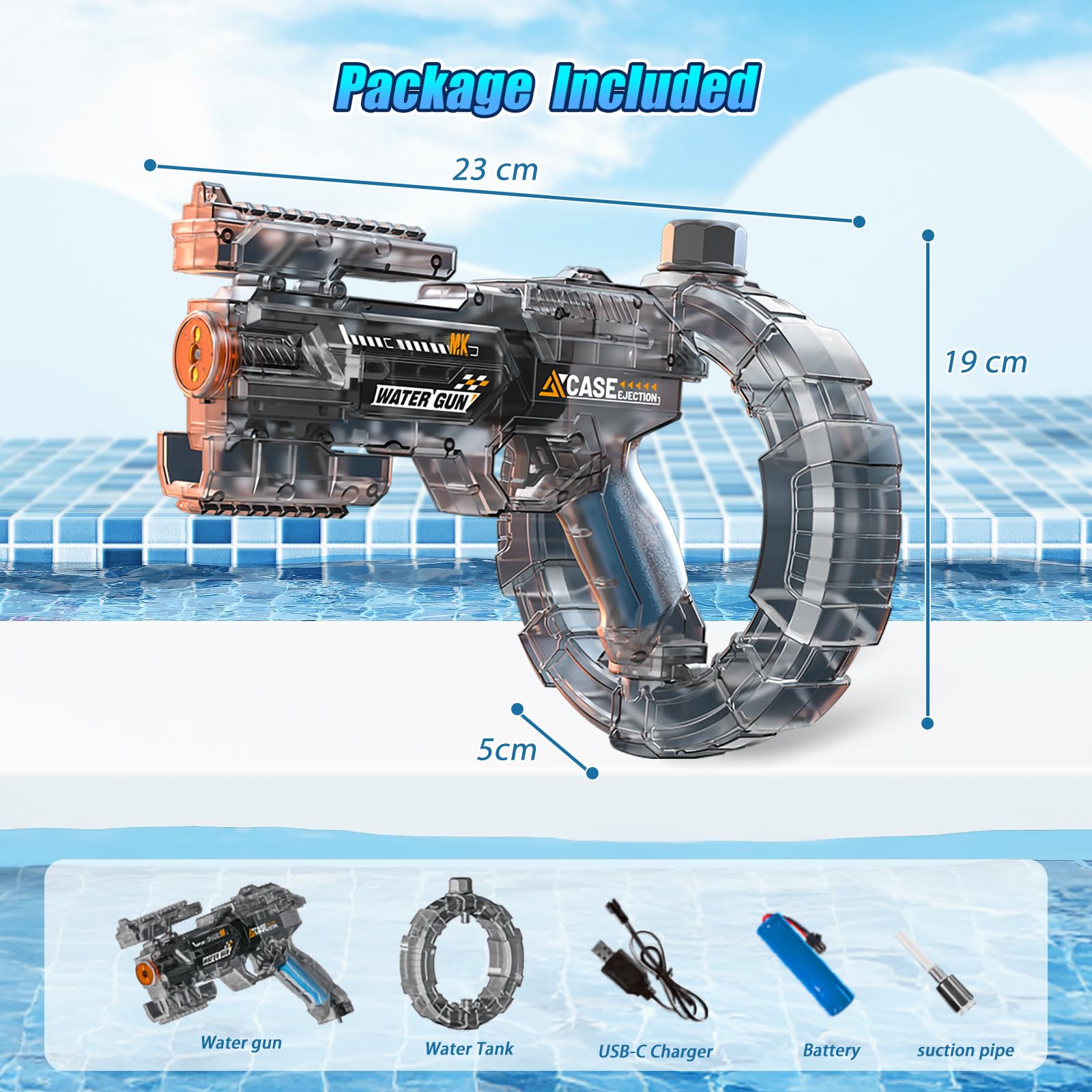 Pistola de Agua eléctrica para Adultos y Niños, Electric Water Gun con Luz Led, Potente Pistola de Agua de Largo Alcance, Juguete de Verano para Exteriores Piscina Playa y Fiestas (Gris)