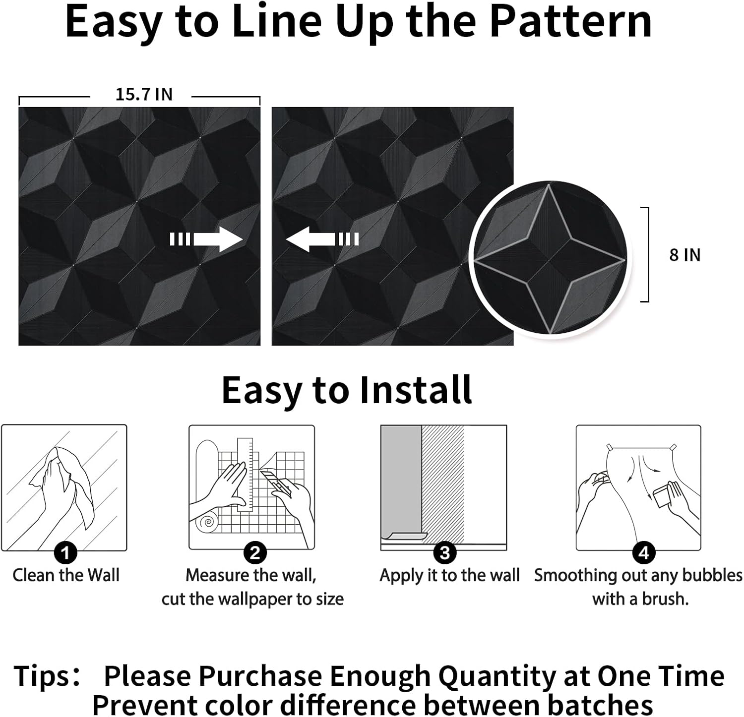 3D Peel and Stick Wallpaper,Black Wallpaper,Vinyl Contact Paper 15.7'' X 394'' & Removable Wall Paper Modern Geometric Wallpaper Self Adhesive for Countertop Furniture Kitchen Wall