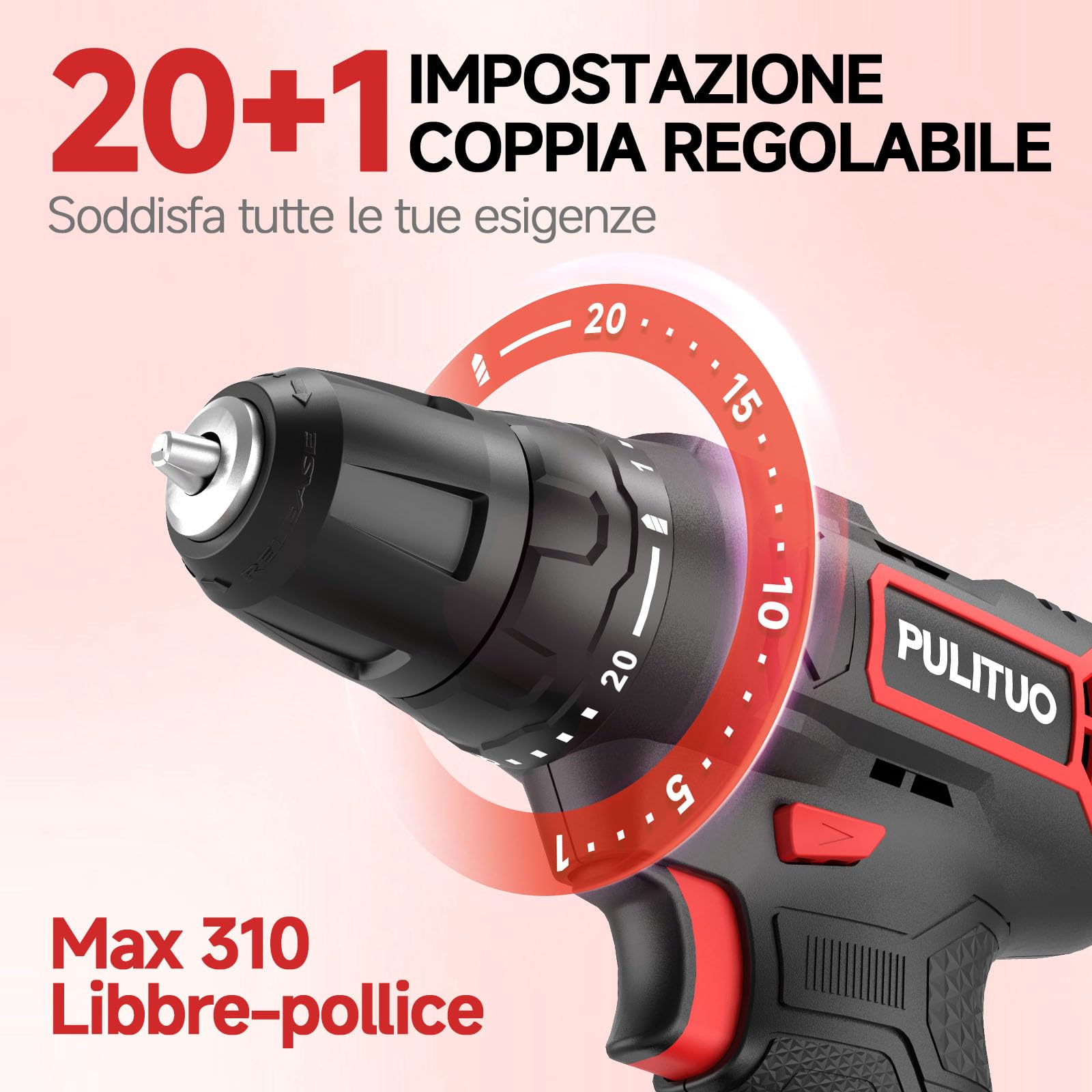 PULITUO Trapano Avvitatore Batteria 20V, Avvitatore a Batteria con 2 Batterie da 2,0 Ah, Mandrino Autoserrante da 3/8", 2 Velocità, 21+1 Livelli di Coppia, Set 42 Pezzi, Kit di Attrezzi per La Casa