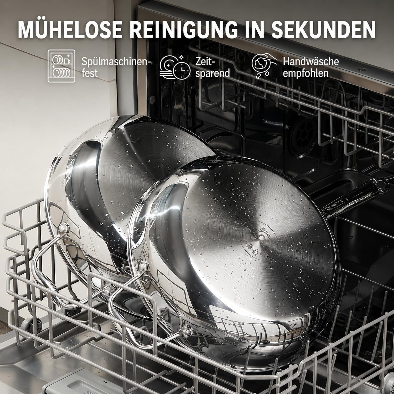 KOCH SYSTEME CS Edelstahl-Sauteuse mit Deckel 30 cm, tiefe Bratpfanne mit 3-Lagige Edelstahlpfanne, 18/10 Edelstahl-Kochfläche, zwei Griffe, induktionsgeeignet, backofen- und spülmaschinengeeignet