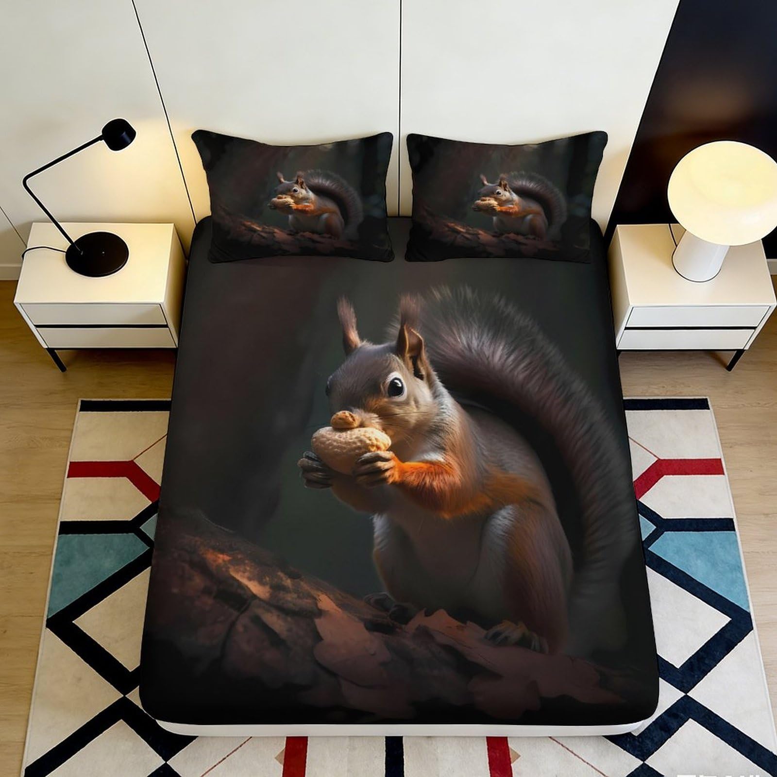 3D Printed Squirrel Forest Fitted Sheet Microfiber Soft Non-Slip Woodland Animal Bed Cover for Bedroom Guest Room 90x200x25cm