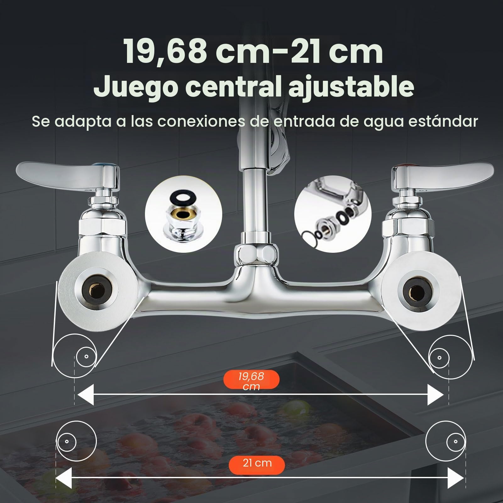 VEVOR Grifo Comercial con Pulverizador de Preenjuague, 63,5 cm de Altura, 20,32 cm de Centro, Caño Oscilante, Grifo para Fregadero de Cocina de Montaje en Pared, Dispositivo Construido en Latón