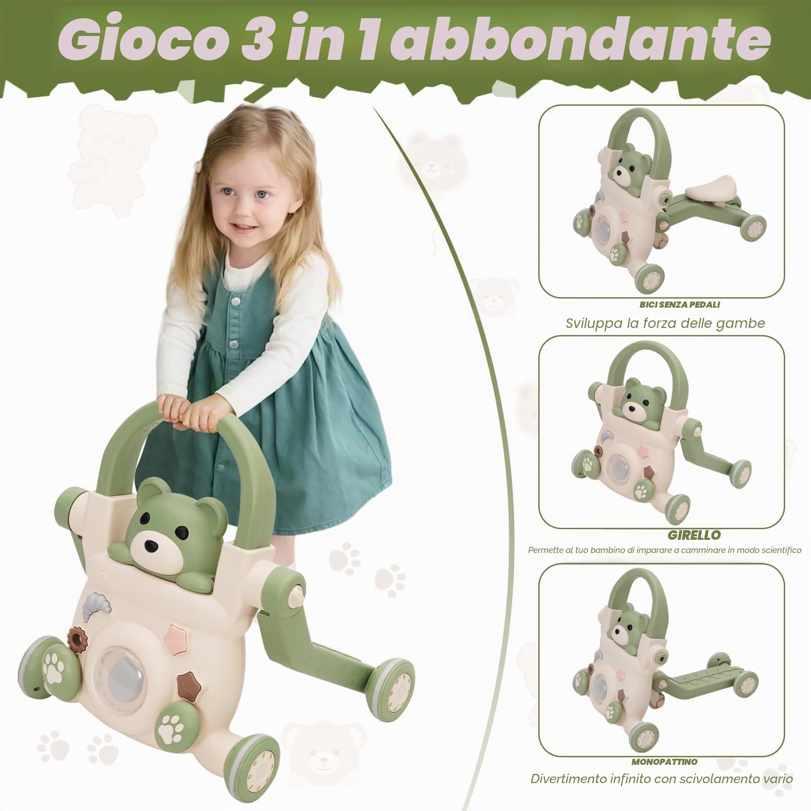Primi Passi per Bambini 3 in 1,Girello Bambino,con Luci, Musica e Giocattoli, Velocità Regolabile Girello,Monopattino, Bicicletta Senza Pedali,Adatto a Bambini di età Superiore ai 6 Mesi