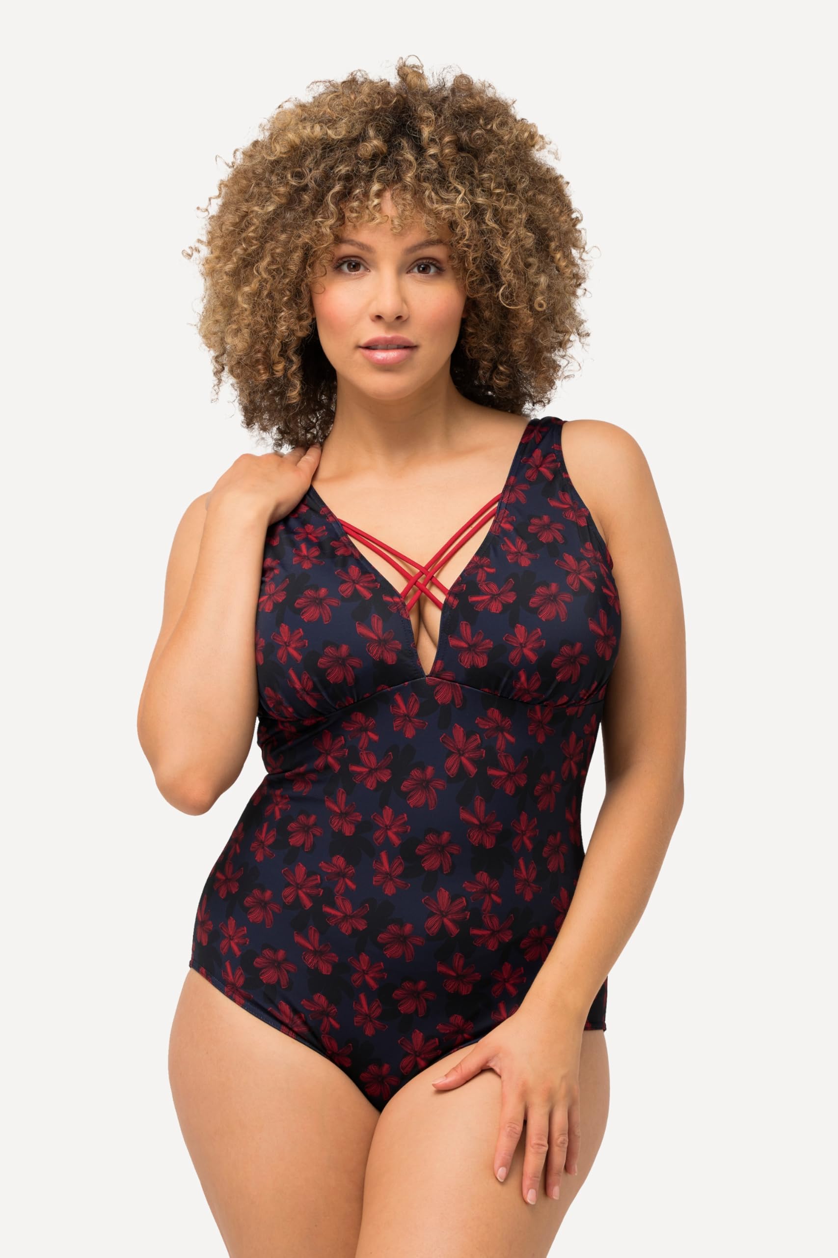 Ulla Popken Femme Grandes Tailles Maillot de Bain, Fleurs, Rubans Fantaisie, Bonnets Souples Marine 62 827035130-60