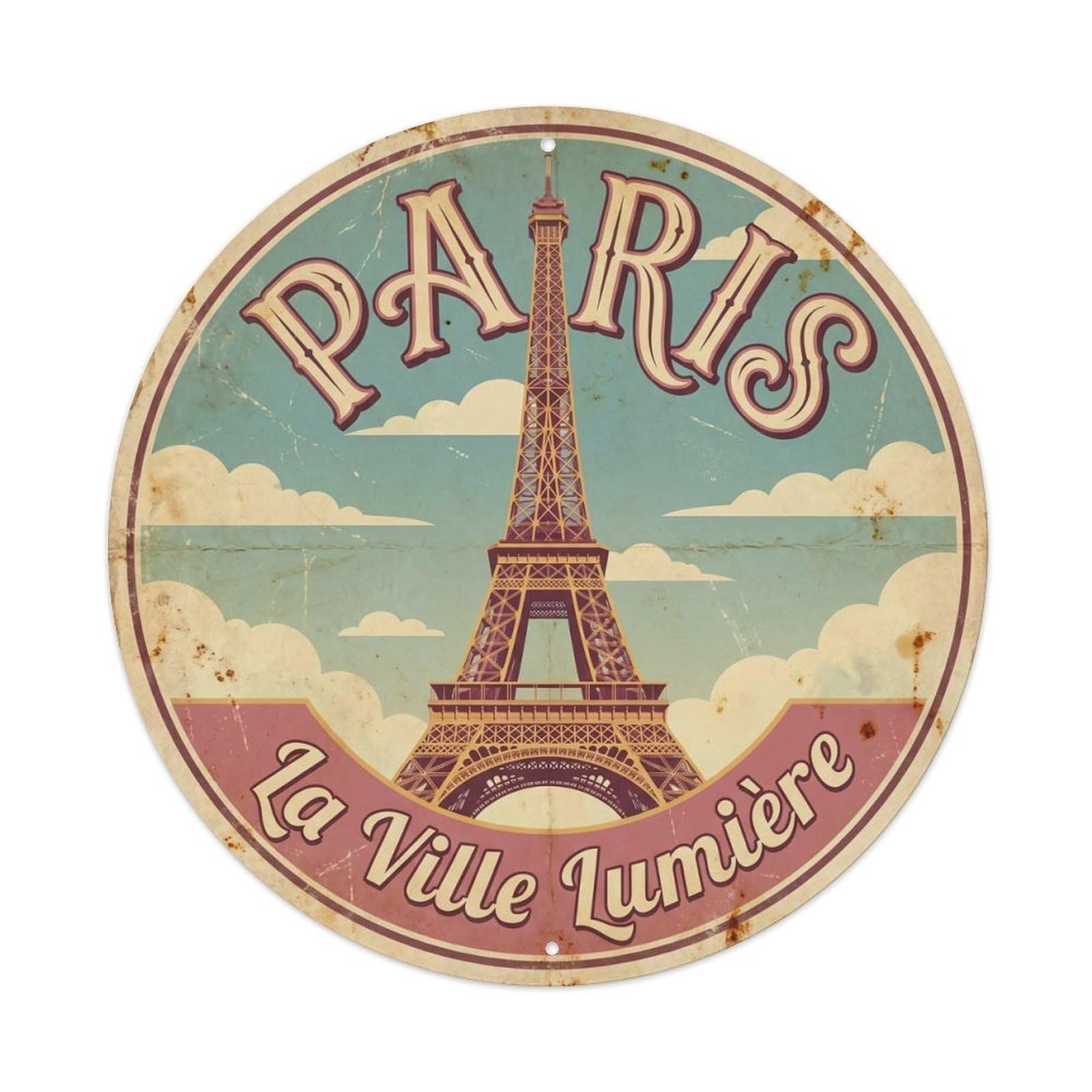 Vintage Travel Parisian Eiffel Tower Metal Tin Sign Plaque Wall Decor for Cafe, Club, Garden Round Metal Poster 8x8Inch