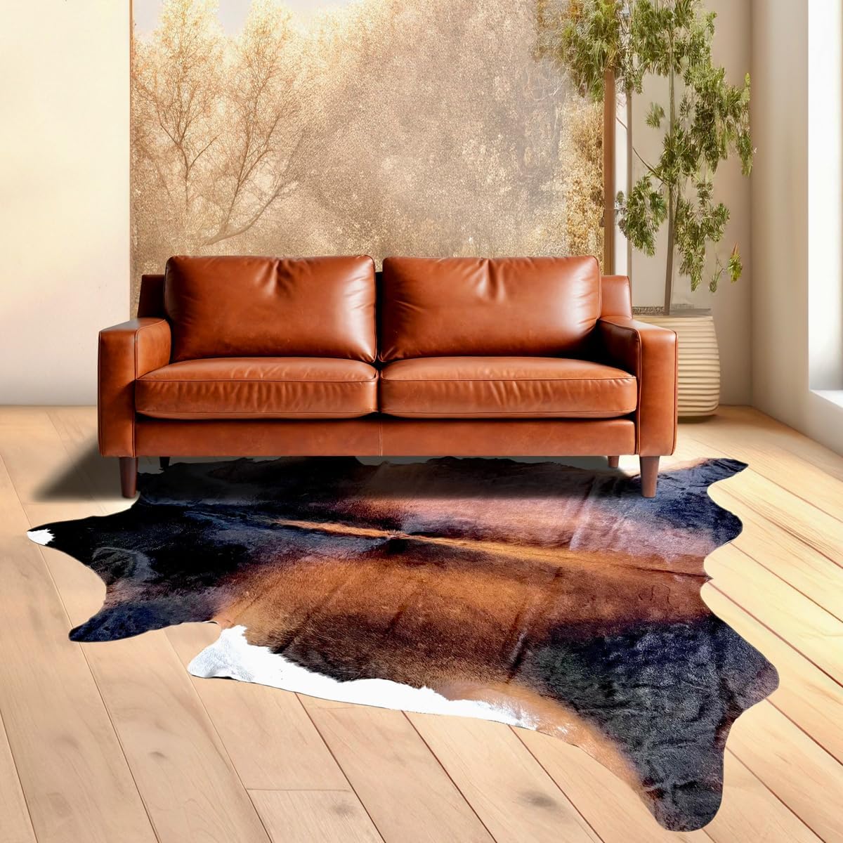 bonanza leathers Genuine Tricolor Cowhide Rug 6x7 ft – Natural Hair-On Cow Hide, Kids & Pet Friendly, Luxury Western Ranch & Farmhouse Decor, Large Real Cow Skin for Living Room or Under Dining Table