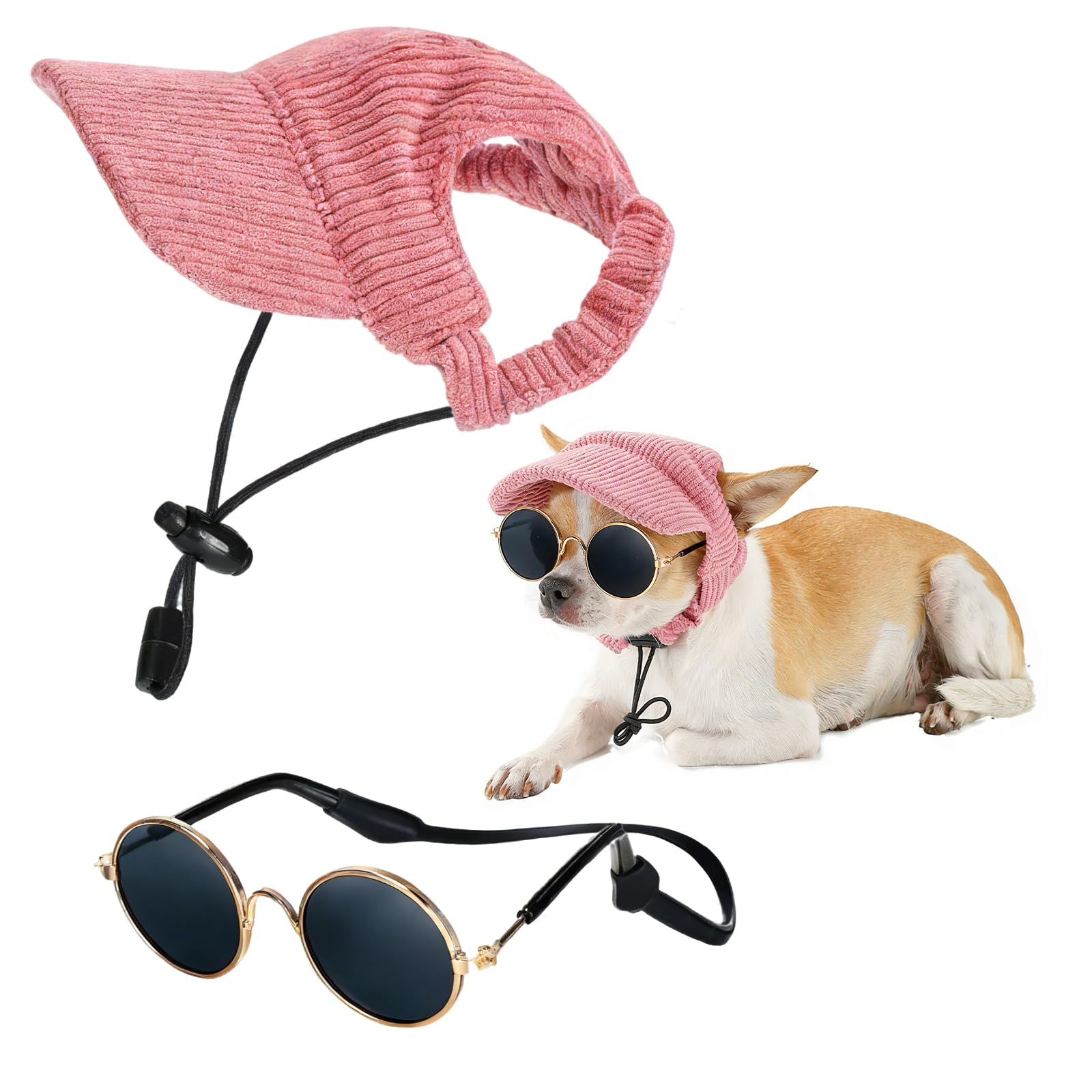 Berretto estivo con protezione solare per cani con occhiali per cani, cappello per cani, occhiali per cani di piccola taglia, costume per gatti, set di protezione UV per cuccioli e piccoli