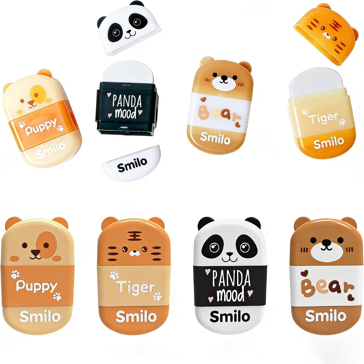 Smilo Manual Pencil Sharpener with Eraser, Animal Theme, 8 Pack