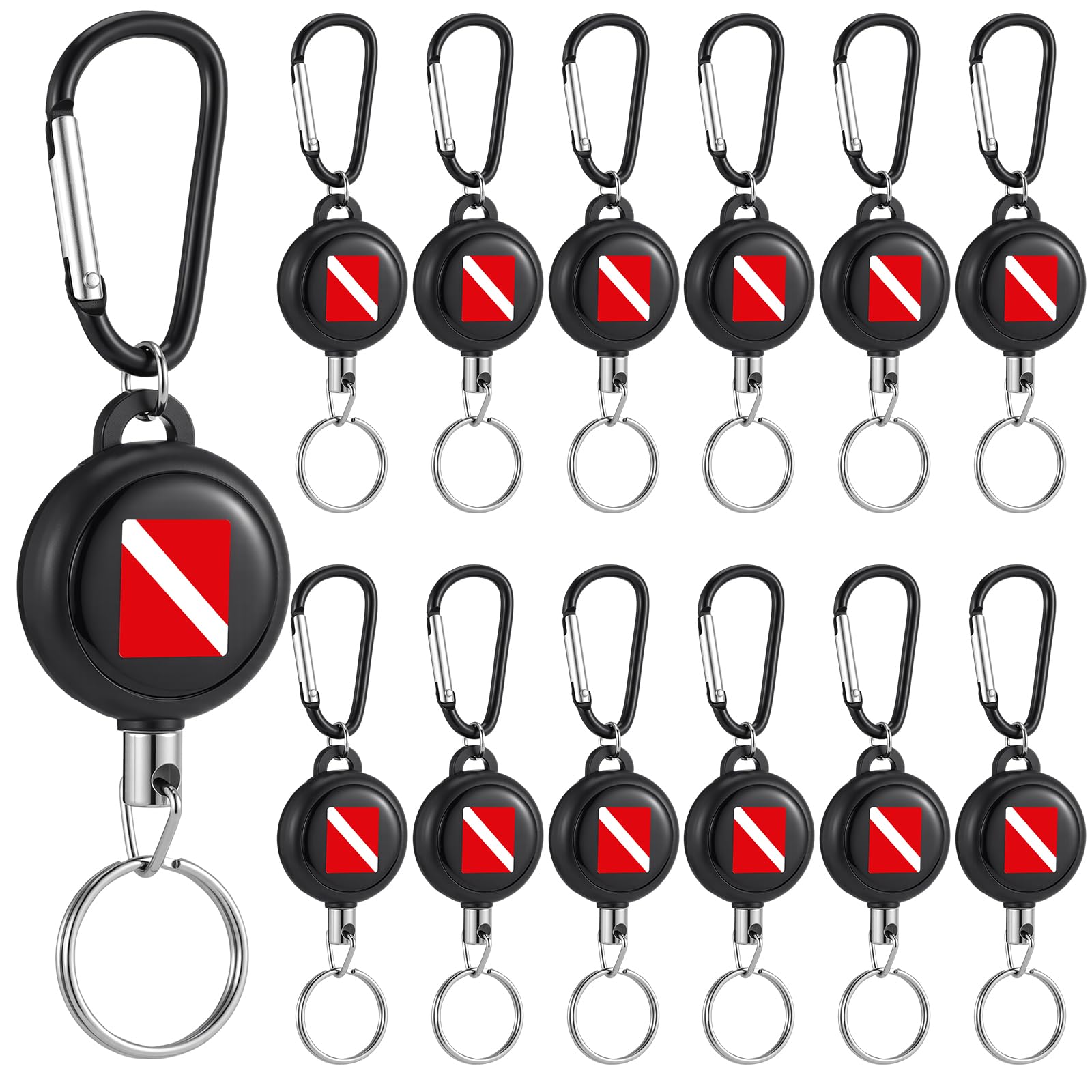 Liliaafar 12 clips retráctiles para equipo de buceo, llavero de acero inoxidable resistente con cable de extensión de liberación rápida de 61 cm para medidores de buceo, pesca submarina, linternas de