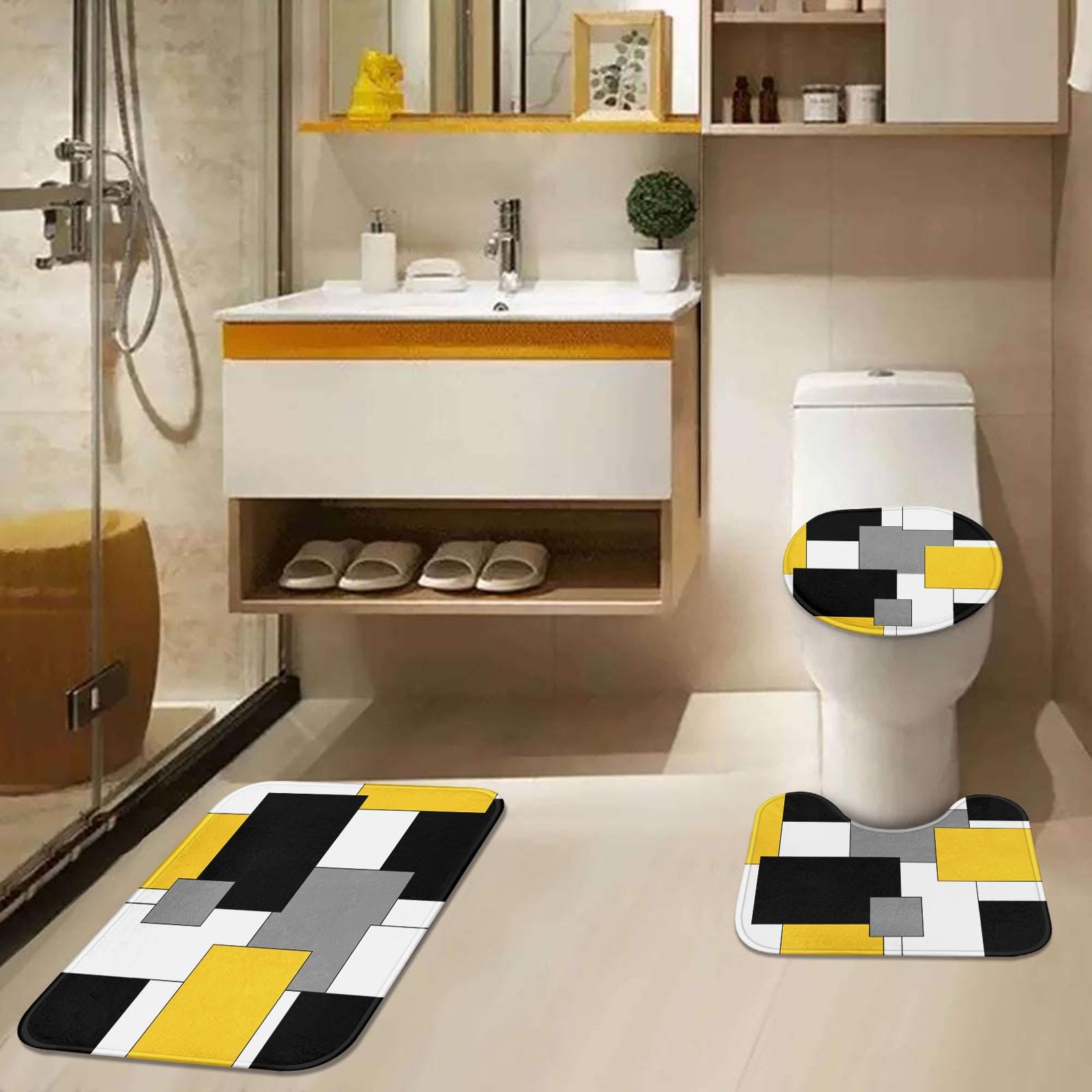 Juego de cortina de ducha geométrica amarilla con cubierta de tapa de inodoro y alfombras antideslizantes para baño, cortina de ducha de 4 piezas, juego de baño abstracto moderno con 12 ganchos 3