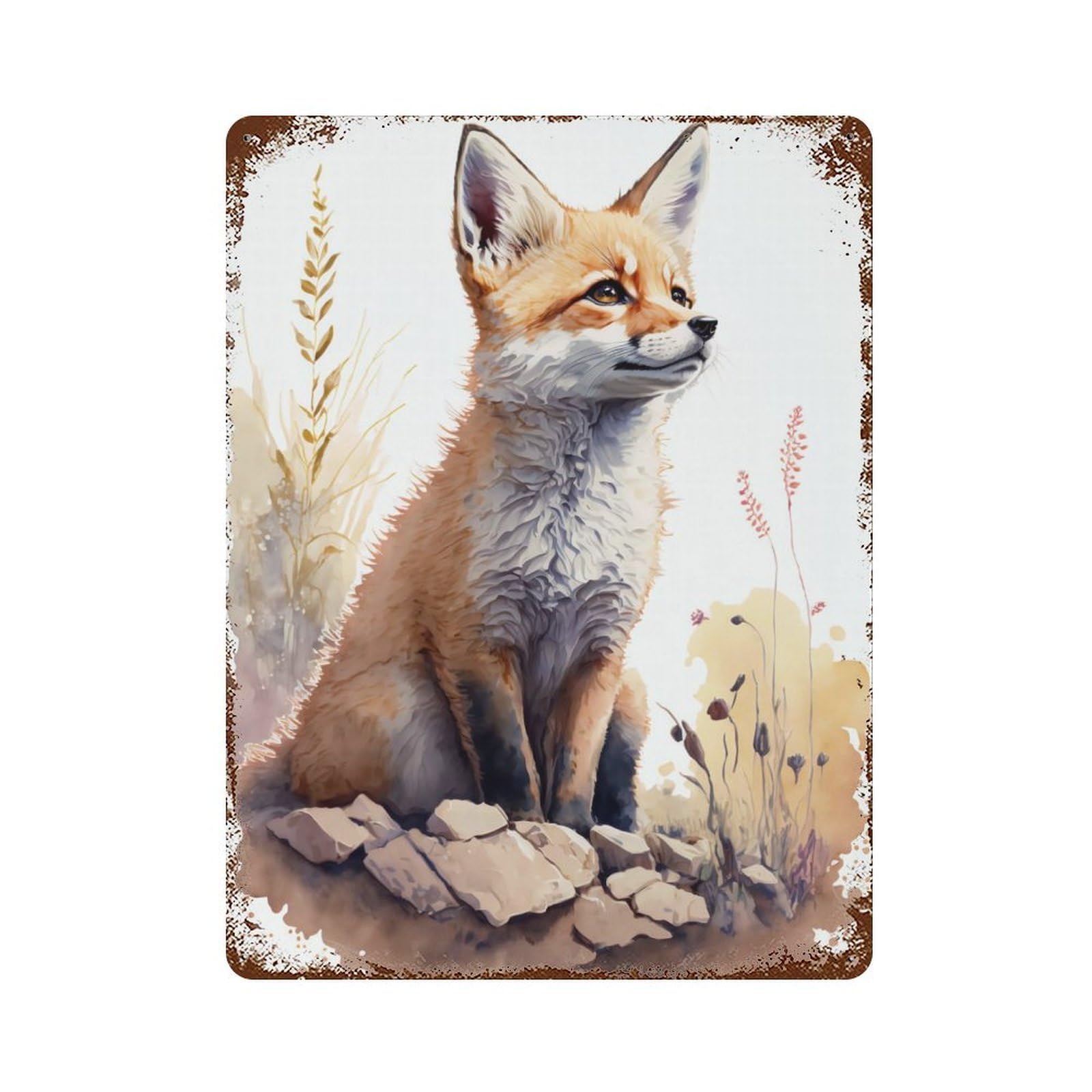 Cute Baby Fox Painting 15.7"x11.8" Distressed Metal Wall Sign, Shabby Chic Decor for Office, Studio And Wall Decor