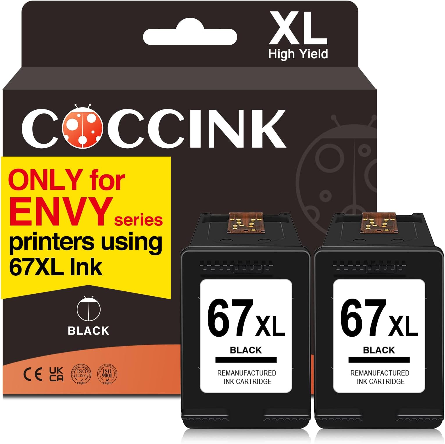 67XL Ink Cartridge for DeskJet 2755e 2742e 2800e 2855e Envy 6455e 6055e 6452e 6458 6475 Printer for HP 67 XL Combo Pack Remanufactured (2 Black)