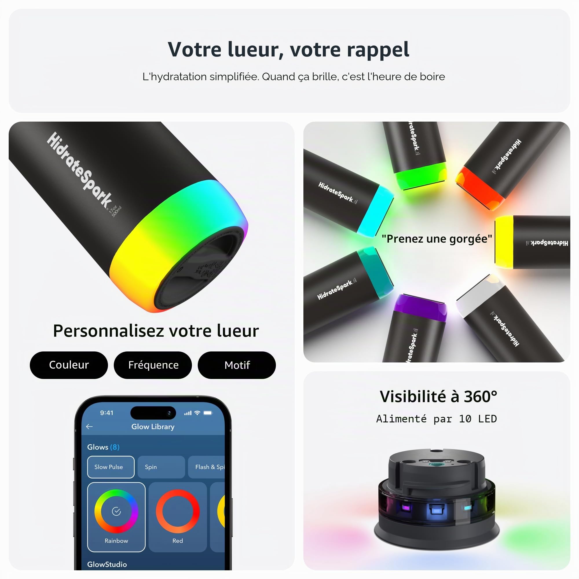 Hidrate Spark - Bouteille d'eau Intelligente en Acier, Suit la consommation d'eau et s'illumine pour Vous rappeler de Vous hydrater, Couvercle avec Paille, 503 ml, Verre de mer