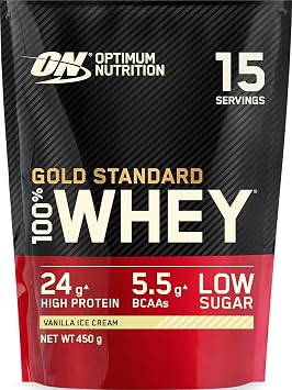 Optimum Nutrition Gold Standard 100% Whey Protein Powder, 450 g | Vanilla Ice Cream, 15 Servings, 24g Protein, BCAA, Low Sugar, Fast-Digesting Isolate, Supports Muscle Growth and Repair
