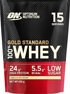 Optimum Nutrition Gold Standard 100% Whey Protein Powder, 450 g | Vanilla Ice Cream, 15 Servings, 24 g Protein, BCAA, Low Sugar, Fast-Digesting Isolate, Supports Muscle Growth and Repair