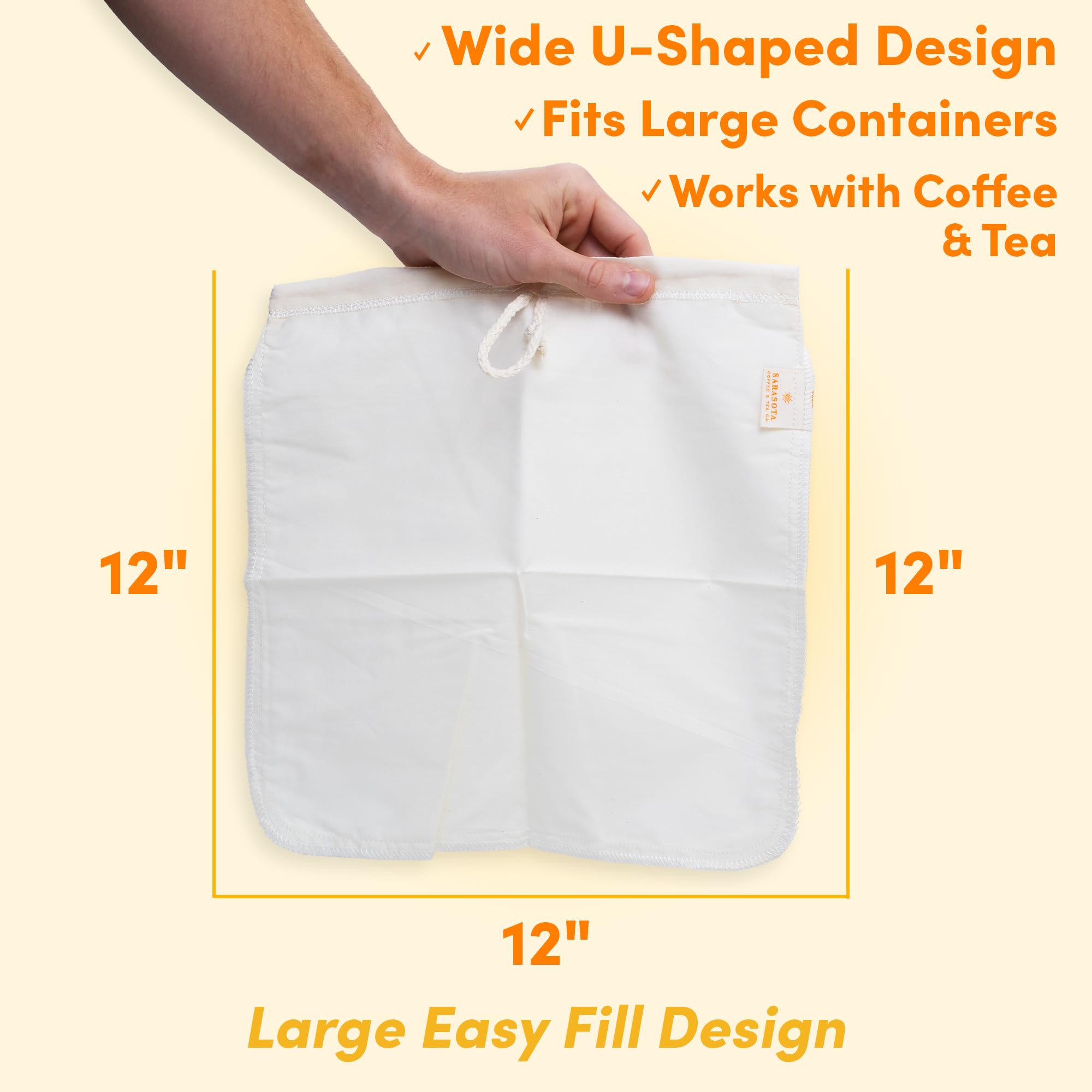 SARASOTA COFFEE - Bolsa de filtro de infusión fría, diseñada en Florida, filtro de café reutilizable con cordón EasyOpen para jarra, tarros Mason y sistemas Toddy (grande, 12 x 12 pulgadas)