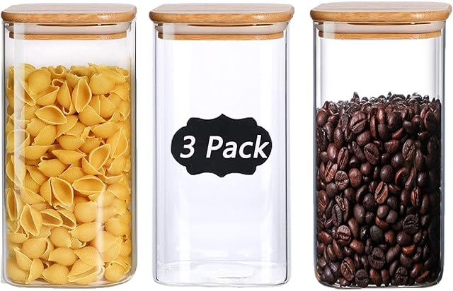 1500ml Glass Jars with Bamboo Lids, 3pcs Air Tight Kitchen Food Cereal Containers for Storage,Canister Set for Jam Pasta Spaghetti Tea Coffee Beans Cookie Snack Flour