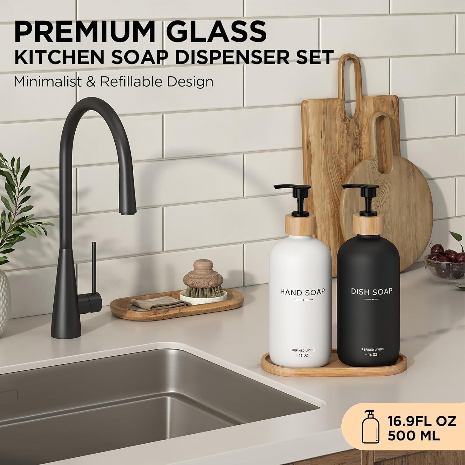 Hand and Dish Soap Dispenser Set,16oz Glass Bottles with Printed Labels, Bamboo Tray & Pump,Countertop Soap Dispensers for Kitchen,Luxury, Minimalist & Farmhouse Decor (Hand Dish (Black/White)) - Image 2