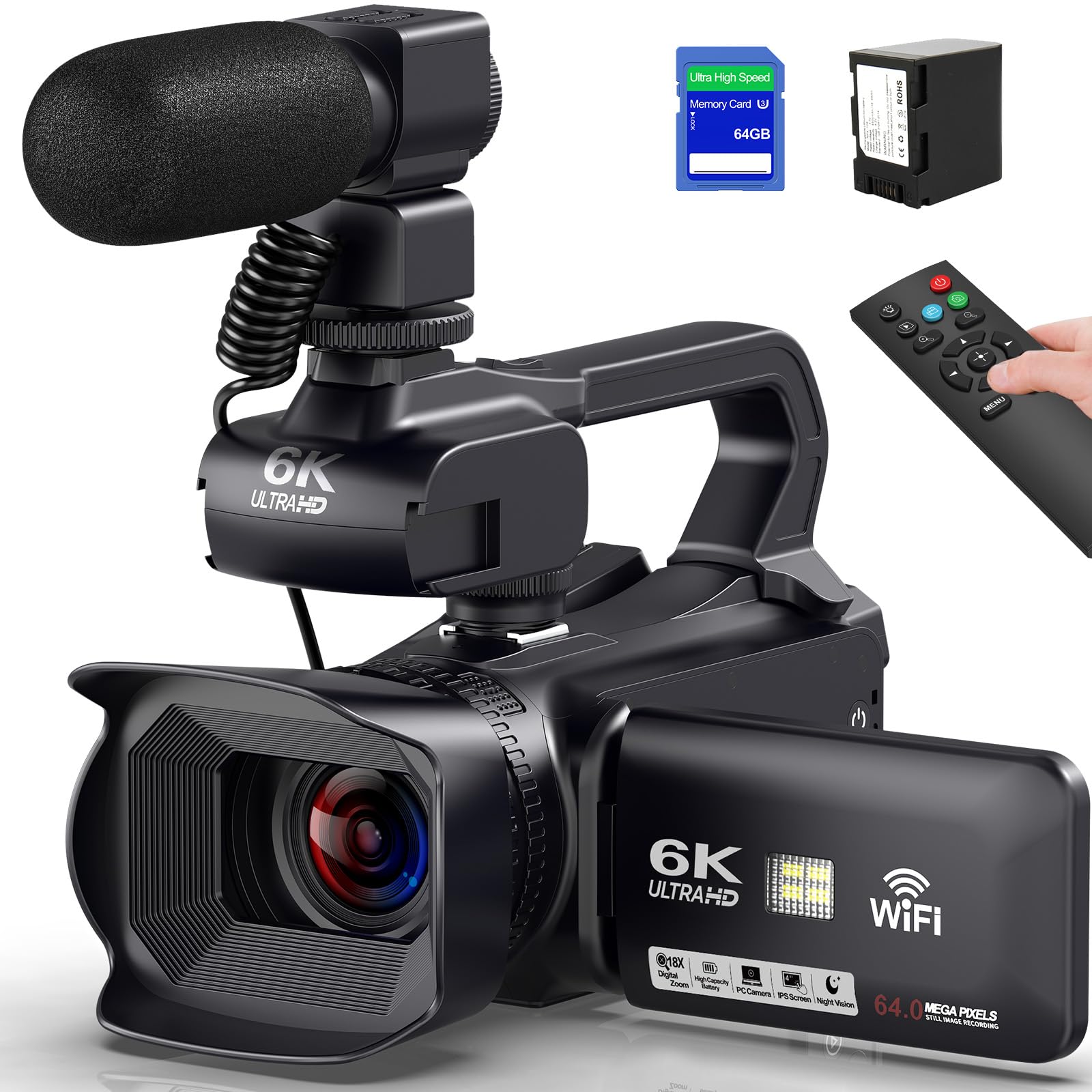 Caméscope 6K 64MP WiFi Vision Nocturne Infrarouge 18X Zoom Numérique avec Pile 4500mAh, Carte SD 64 Go