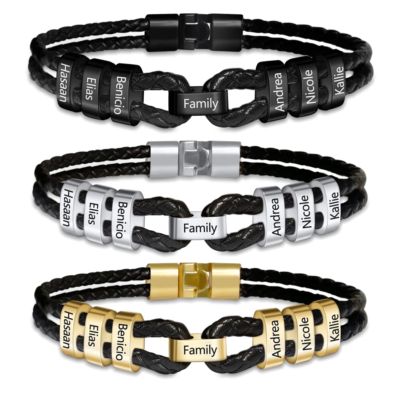 BAUMA AUTO Personalized Leather Bracelets for Men with 1-9 Custom Beads Engraved Mens Braid Bracelet with Family Name Father's Day Jewelry Gift for