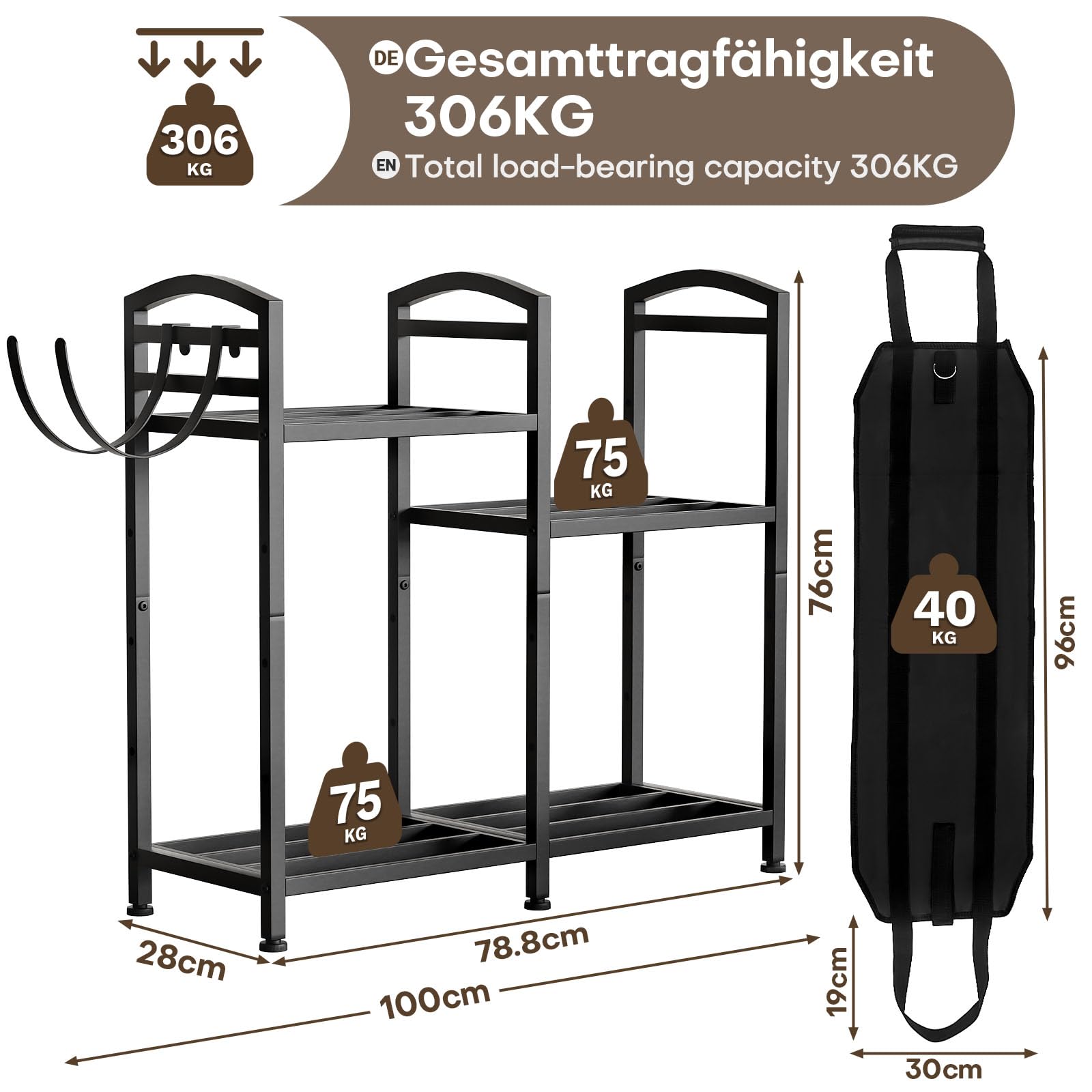 Yorbay Estantería para leña de metal con diseño en capas interior: estantería para leña con ganchos y bolsa para leña – Negro estable almacenamiento de leña exterior – Estantería de metal para