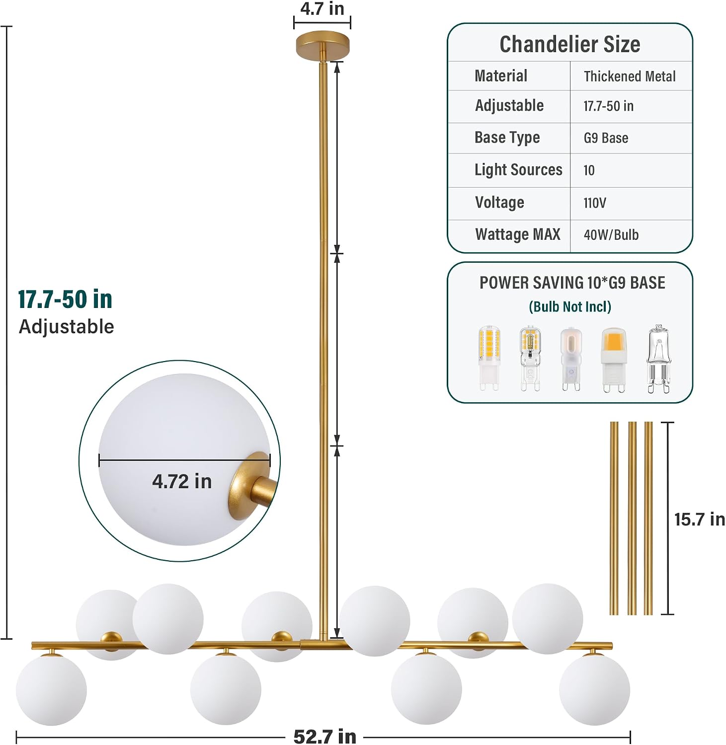 10-Light Gold Sputnik Chandeliers, Mid Century Modern Chandelier for Dining Room Light Fixture Over Table, Adjustable Height, With Bubble Glass Globe Linear Chandelier for Kitchen Island Foyer