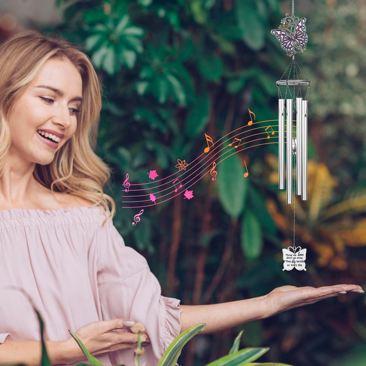Outdoors Butterfly Wind Chimes Sympathy Memorial for Loss of Loved One - Soothing Melodic Tones Aluminum Chime Great as a Gift for Your Patio Porch Garden and Backyard (22.2" Silvery)
