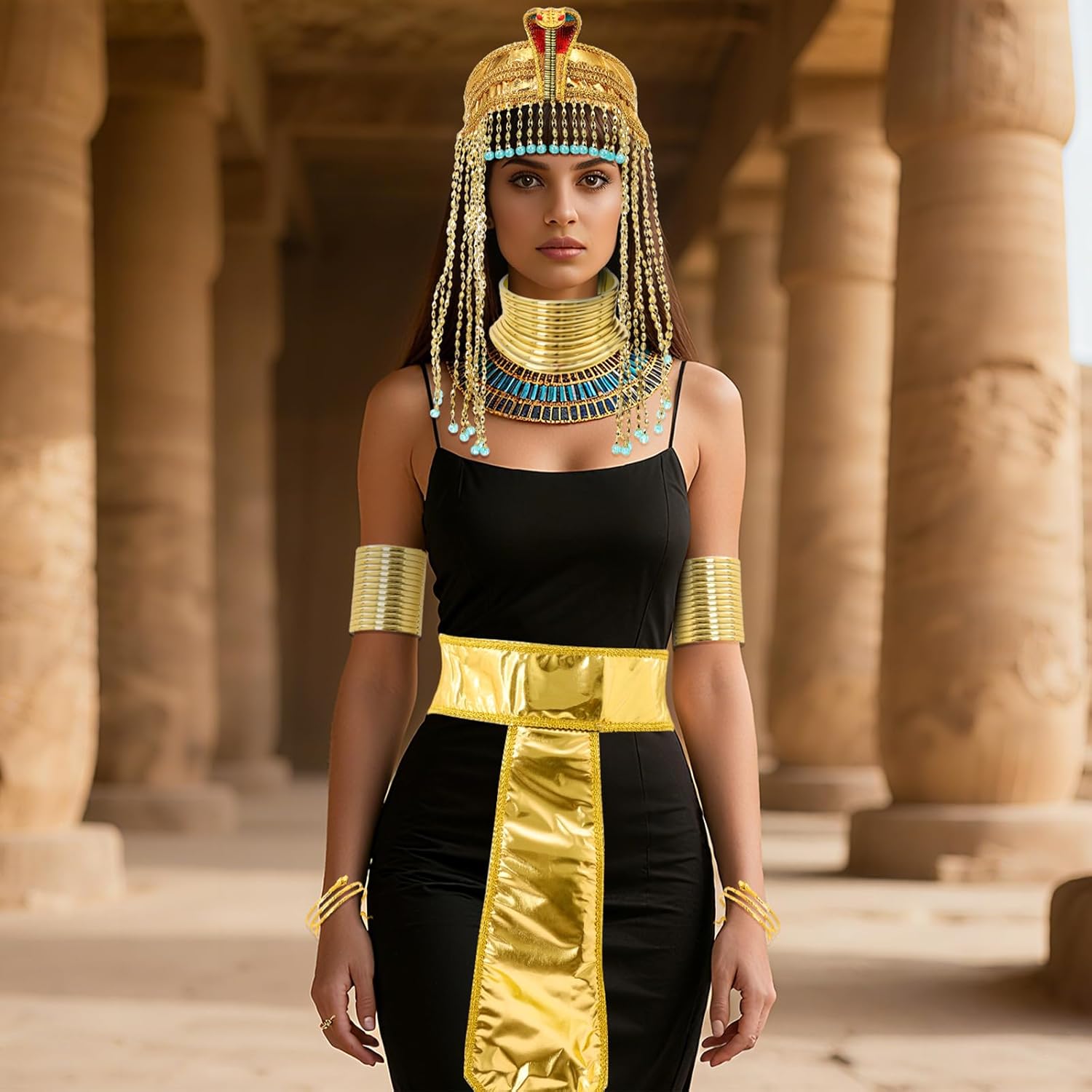 Yunlly 7 Pcs Mardi Gras Egyptian Costume Accessories African Cleopatra Headpiece Headband Tassel Bead Gold Snake Bracelets Arm Cuffs Collar Choker Collars Belt for Women Pharaoh Queen Cosplay