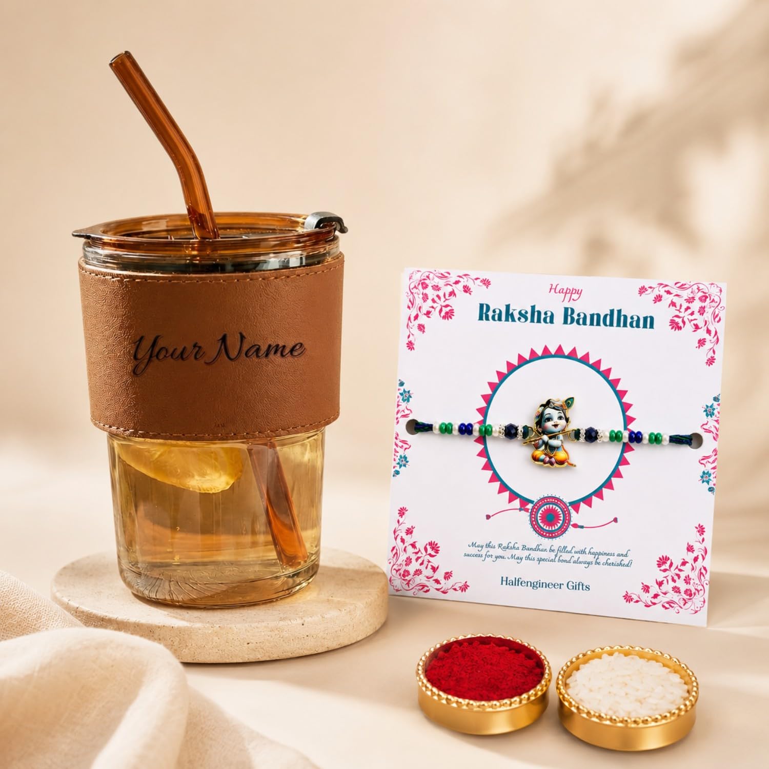 Personalized Name Glass Tumbler with Bal Krishna Rakhi Gift Set for Raksha Bandhan | Custom Engraved Sipper Cup with Designer Rakhi, Roli Chawal Gift for Brother-image-8