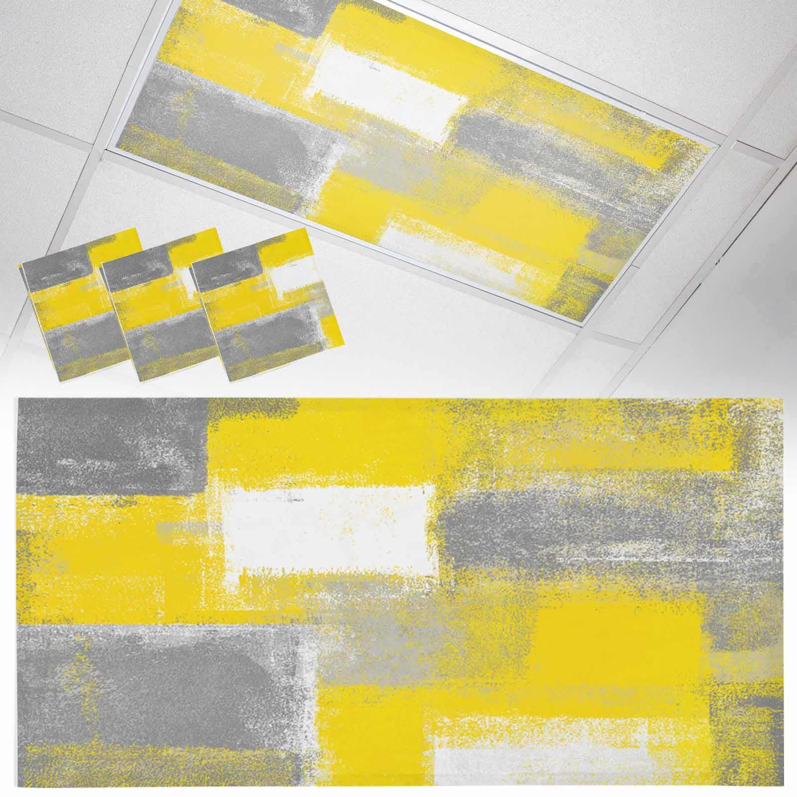Wowouhiya 3 Pack Fluorescent Light Cover for Ceiling Lights, Yellow Grey Magnetic Classroom Light Filters 4x2 Feet, Rustic Mottled Oil Painting Abstract Texture Decorative Ceiling Shade Panel