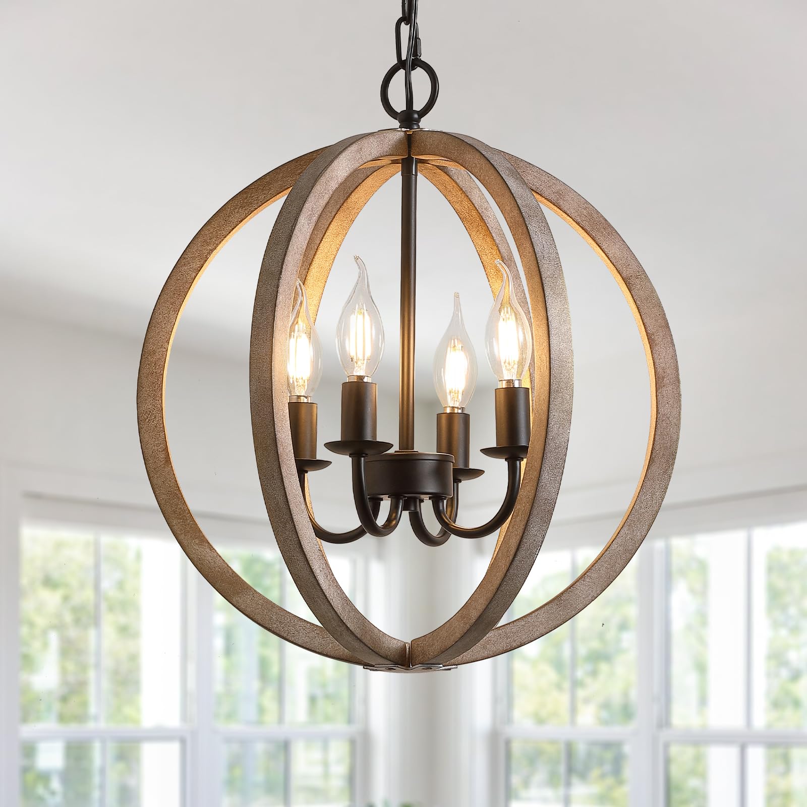 Photo 1 of 16“ Rustic Farmhouse Chandelier, 4-Light Dining Room Light Fixtures, Matte Black and Distressed White Wood Kitchen Hanging Lights for Dining Room Kitchen Island Entryway Foyer