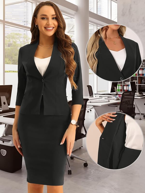 Allegra K Business Skirt Suit Set for Women's 2 Piece Office Work Outfit Collarless Blazer Pencil Skirt X-Large Black by Allegra K - Image 3